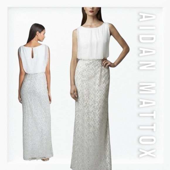 NWT Aidan Mattox Chiffon and Metallic Lace Column Gown sz 10 - Picture 1 of 15